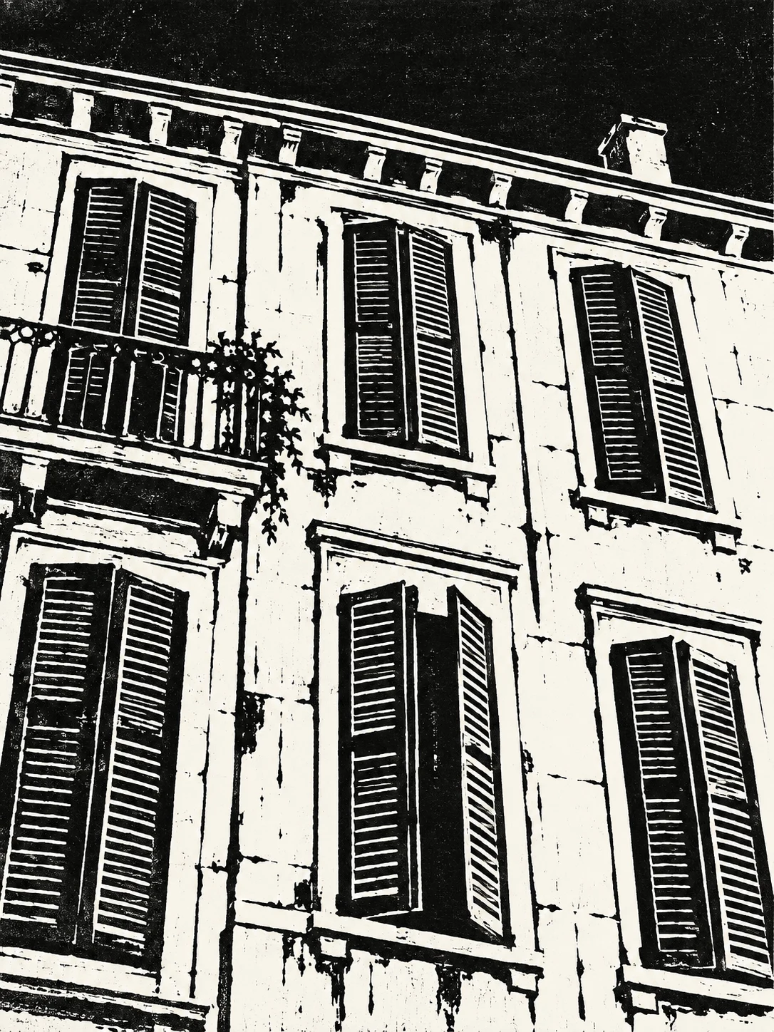 A row of tall shuttered windows in charcoal, black, white, gray; portrait artwork.