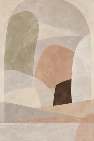 A barrel vault ceiling in stone, sand, cream; portrait artwork.