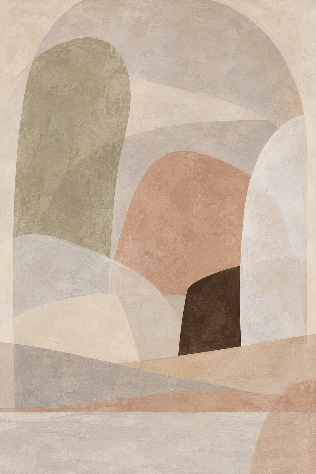 A barrel vault ceiling in stone, sand, cream; portrait artwork.