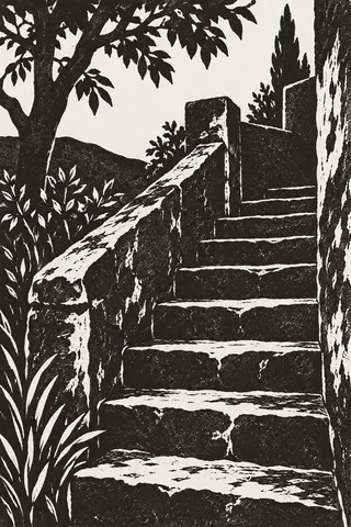 A stone stair with a worn handrail in black, charcoal, cream, gray; portrait artwork.