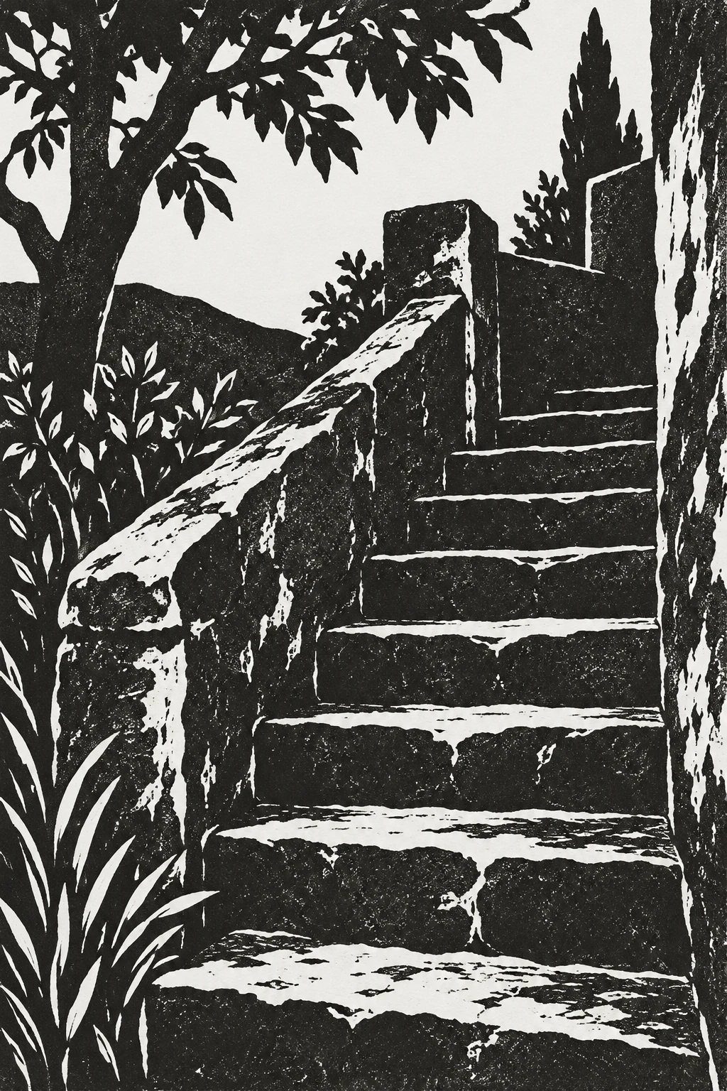 A stone stair with a worn handrail in black, charcoal, cream, gray; portrait artwork.