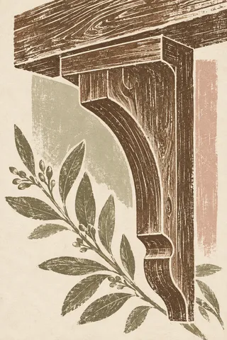 A carved timber bracket under a beam in cream, taupe, stone, brown; portrait artwork.
