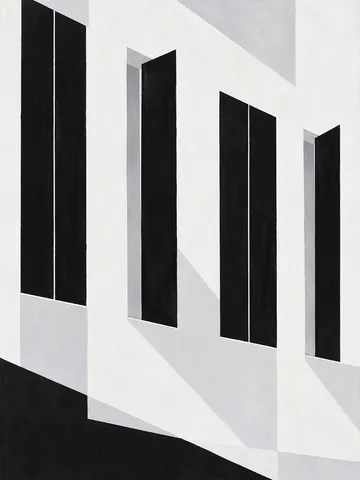 A row of tall shuttered windows in white, black, cream, stone; portrait artwork.