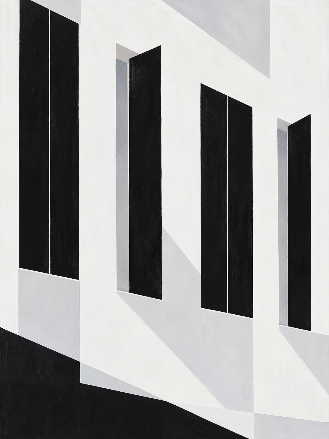 A row of tall shuttered windows in white, black, cream, stone; portrait artwork.