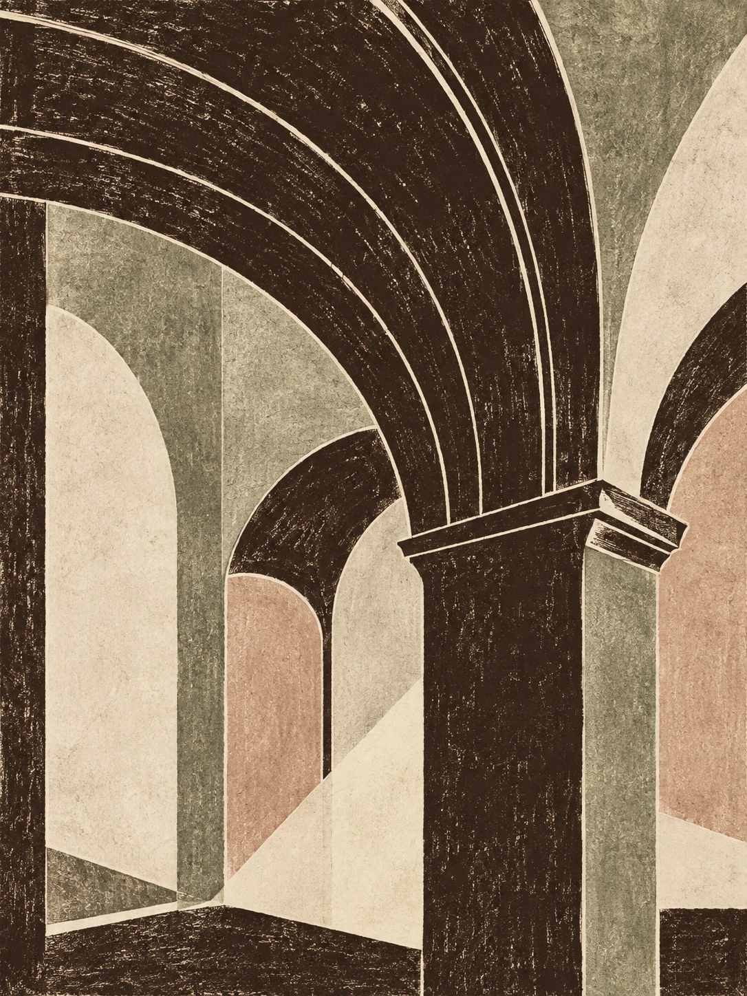 A barrel vault ceiling in burgundy, cream, taupe, sand; portrait artwork.