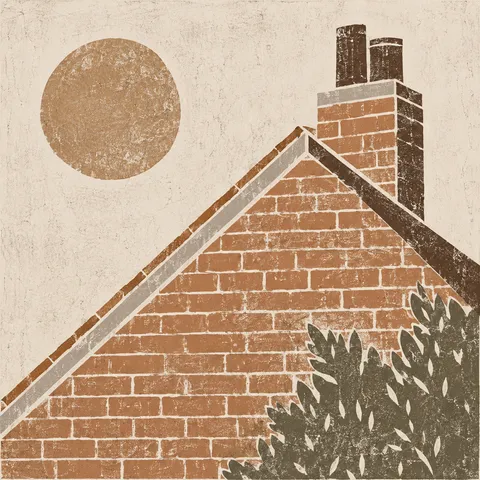 A brick gable end in cream, ochre, blush, olive; square artwork.