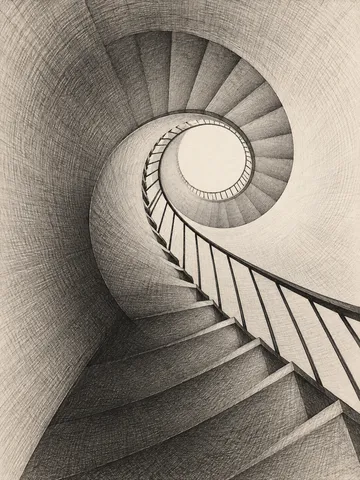 A spiral stair seen from below in gray, stone, charcoal, cream; portrait artwork.