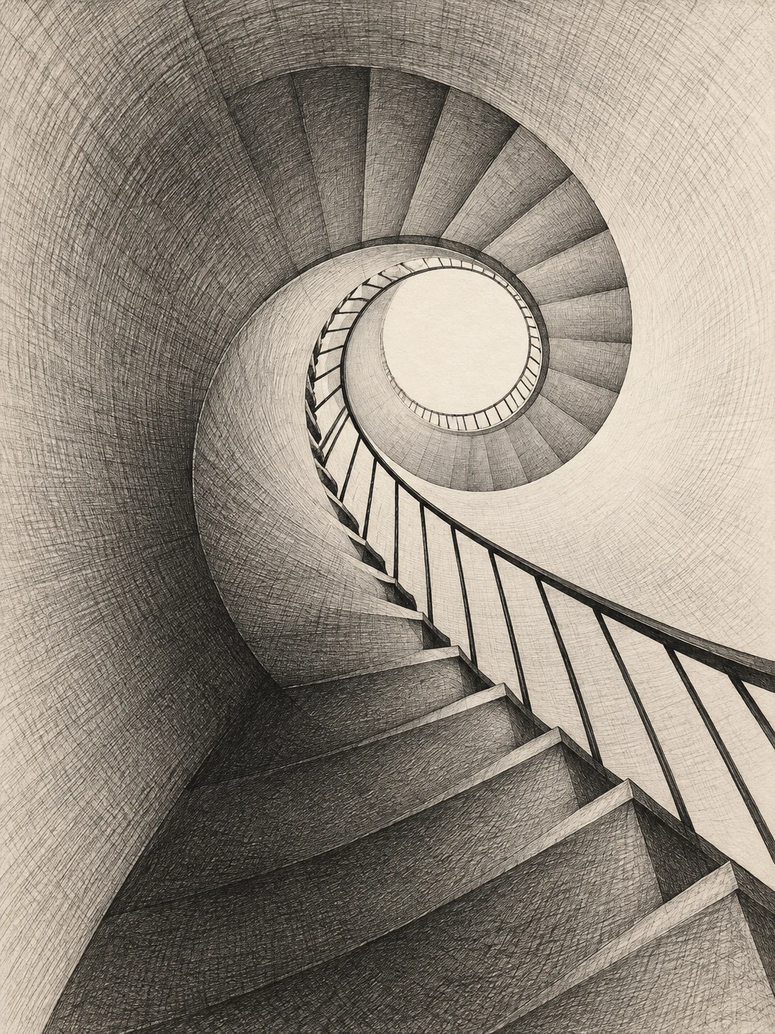 A spiral stair seen from below in gray, stone, charcoal, cream; portrait artwork.
