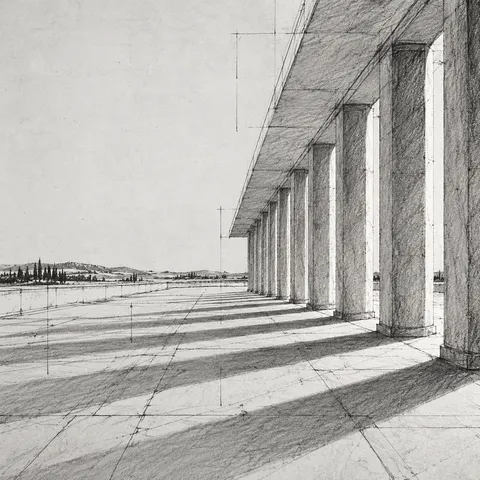 A colonnade in raking light in cream, gray, stone; square artwork.