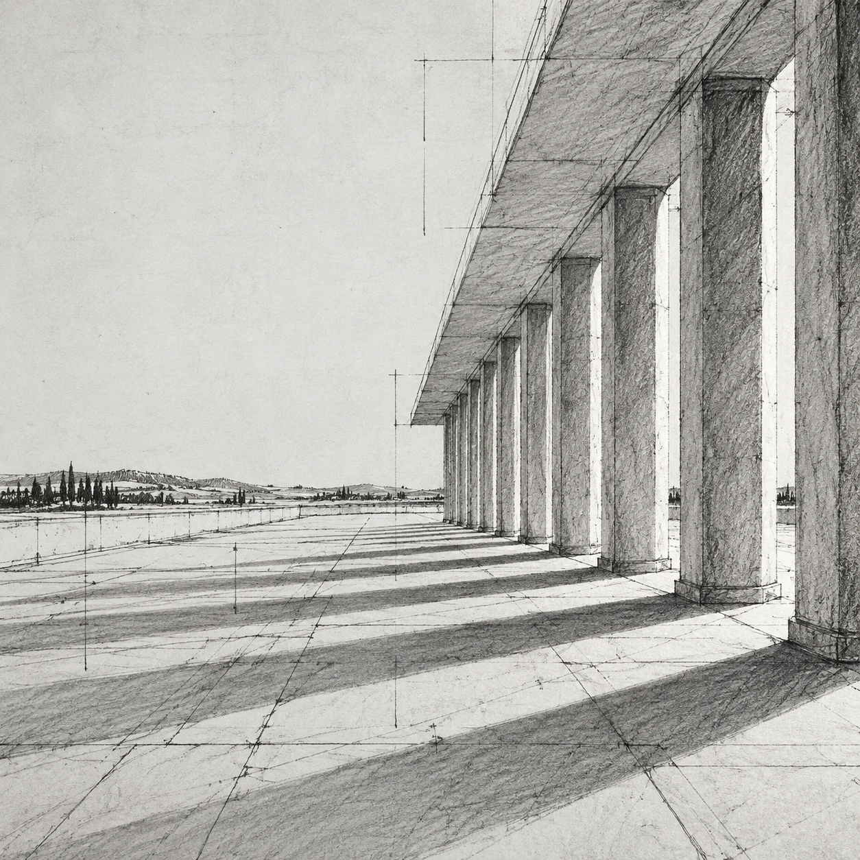 A colonnade in raking light in cream, gray, stone; square artwork.