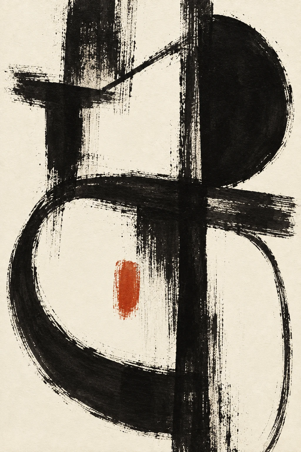 Crossing rough black strokes and loops on cream, with a small rust-colored mark inside the lower loop.
