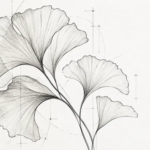 A ginkgo leaf fan in white, cream, stone; square artwork.