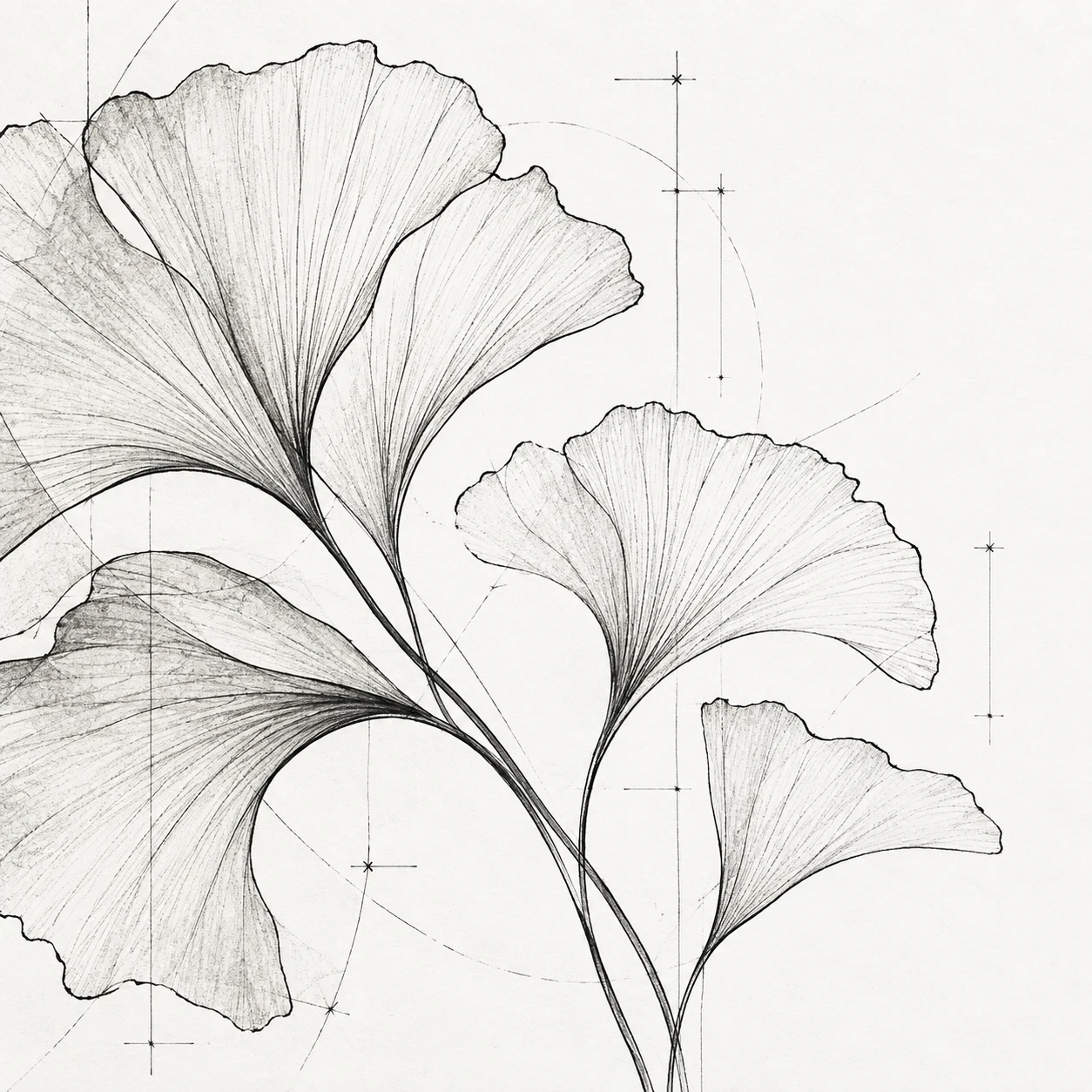 A ginkgo leaf fan in white, cream, stone; square artwork.