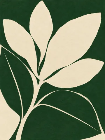 A magnolia blossom with two leaves in forest green, cream, olive; portrait artwork.