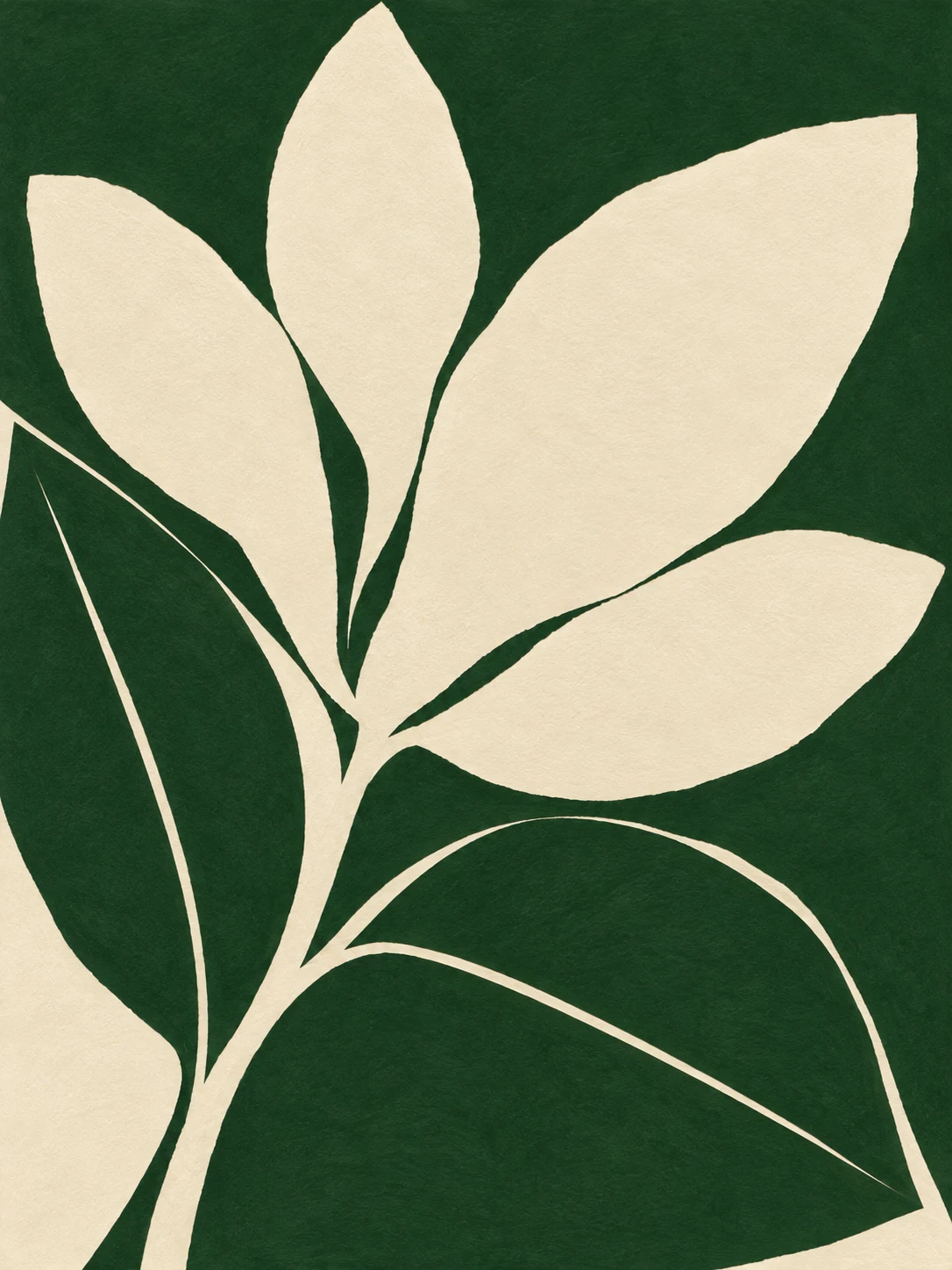 A magnolia blossom with two leaves in forest green, cream, olive; portrait artwork.