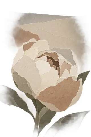 A peony bud half open in white, stone, sand, taupe; portrait artwork.