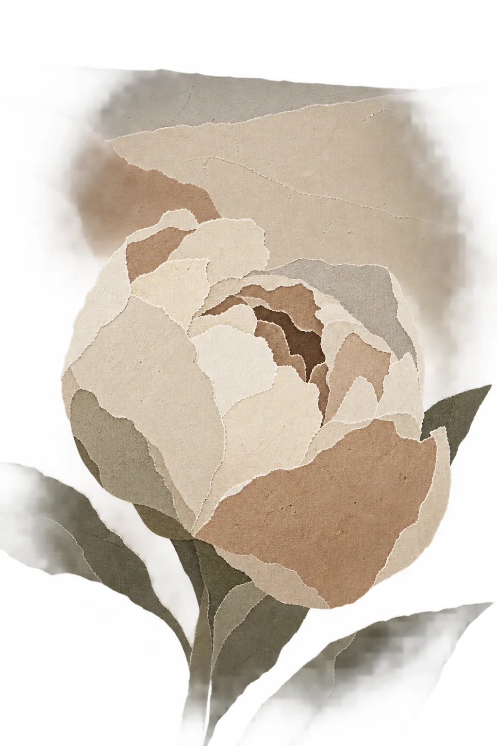 A peony bud half open in white, stone, sand, taupe; portrait artwork.