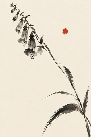 A stem of foxglove in white, gray; portrait artwork.
