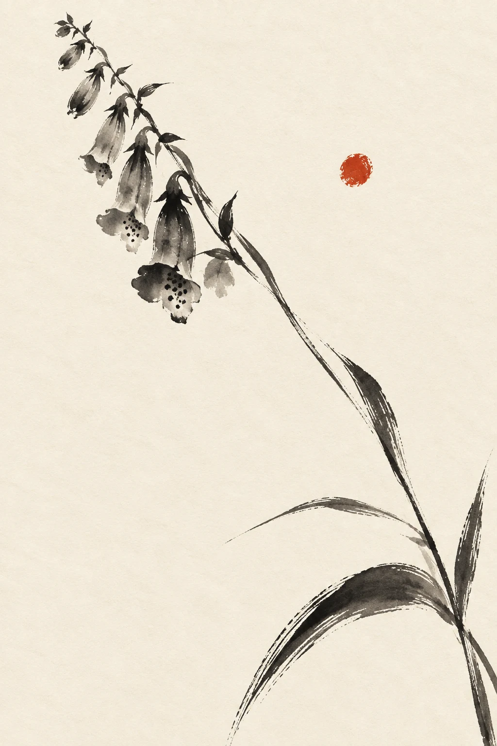 A stem of foxglove in white, gray; portrait artwork.