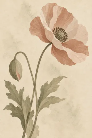 A poppy with a curved stem in cream, sand, taupe, stone; portrait artwork.