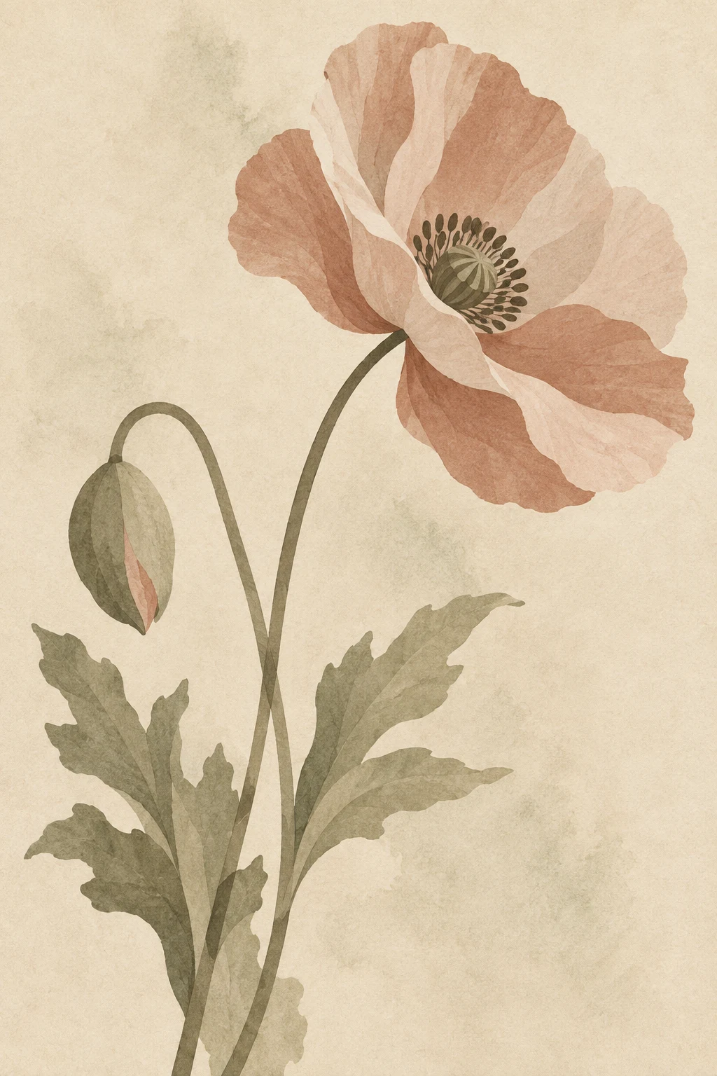 A poppy with a curved stem in cream, sand, taupe, stone; portrait artwork.