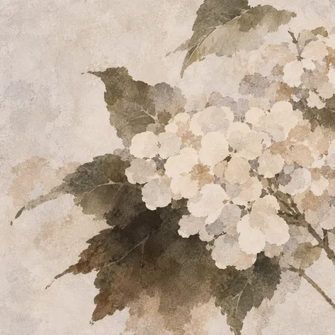 A cluster of hydrangea in cream, stone, brown, sand; square artwork.
