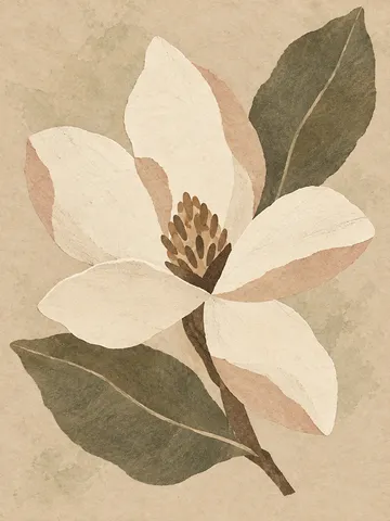 A magnolia blossom with two leaves in stone, cream, olive, sand; portrait artwork.
