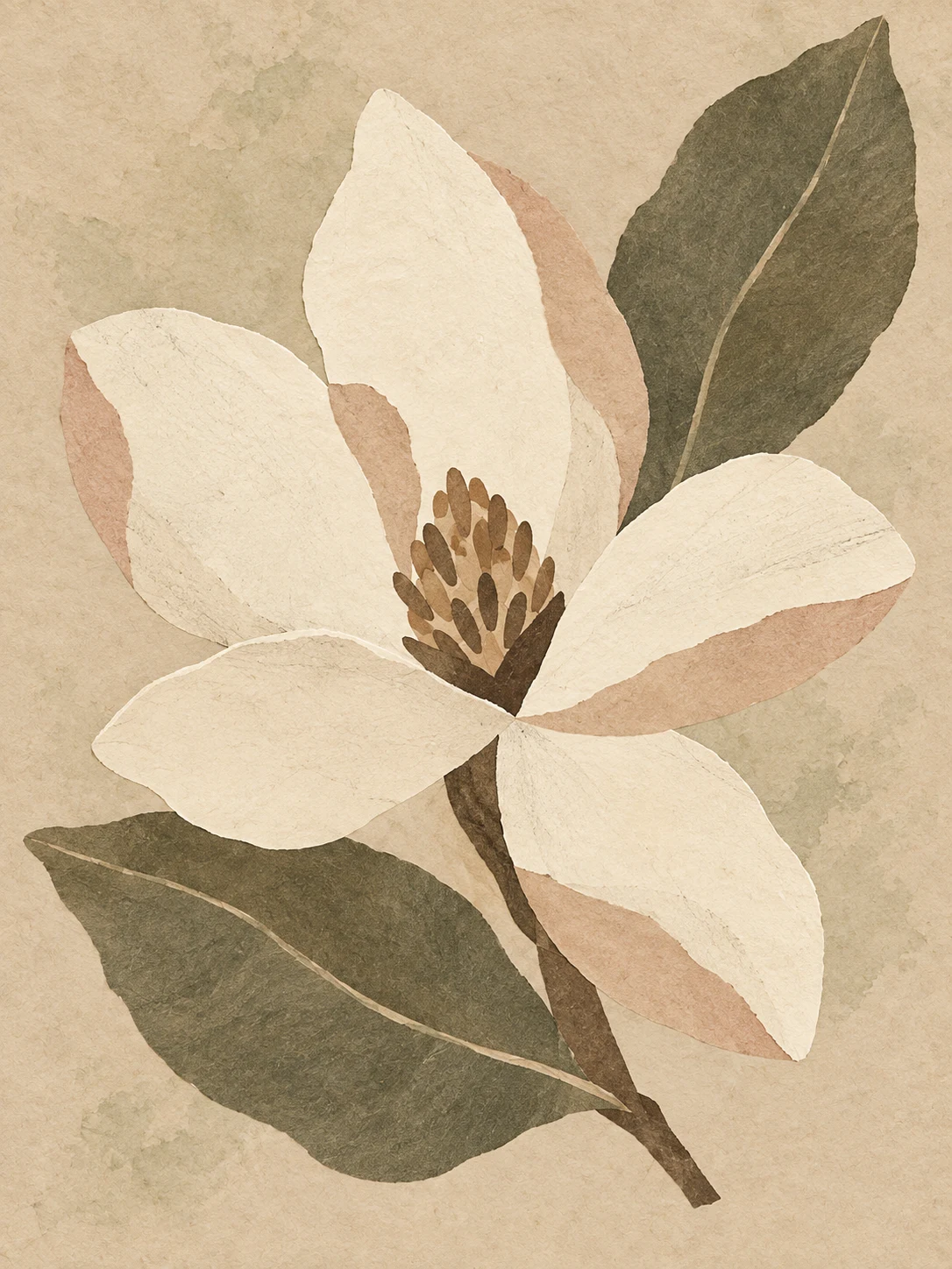 A magnolia blossom with two leaves in stone, cream, olive, sand; portrait artwork.