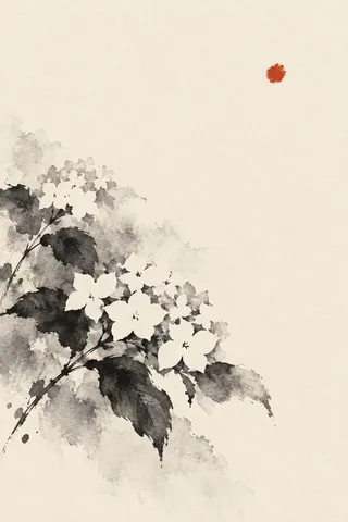 A cluster of hydrangea in white, cream, stone, charcoal; portrait artwork.