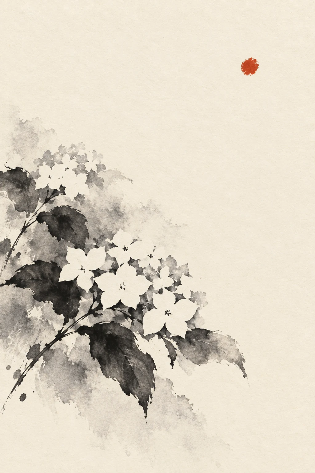 A cluster of hydrangea in white, cream, stone, charcoal; portrait artwork.