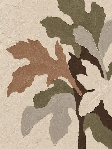 A fig leaf in cream, olive, gray, taupe; portrait artwork.