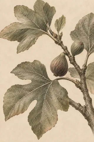 A fig leaf in cream, taupe, sage, olive; portrait artwork.
