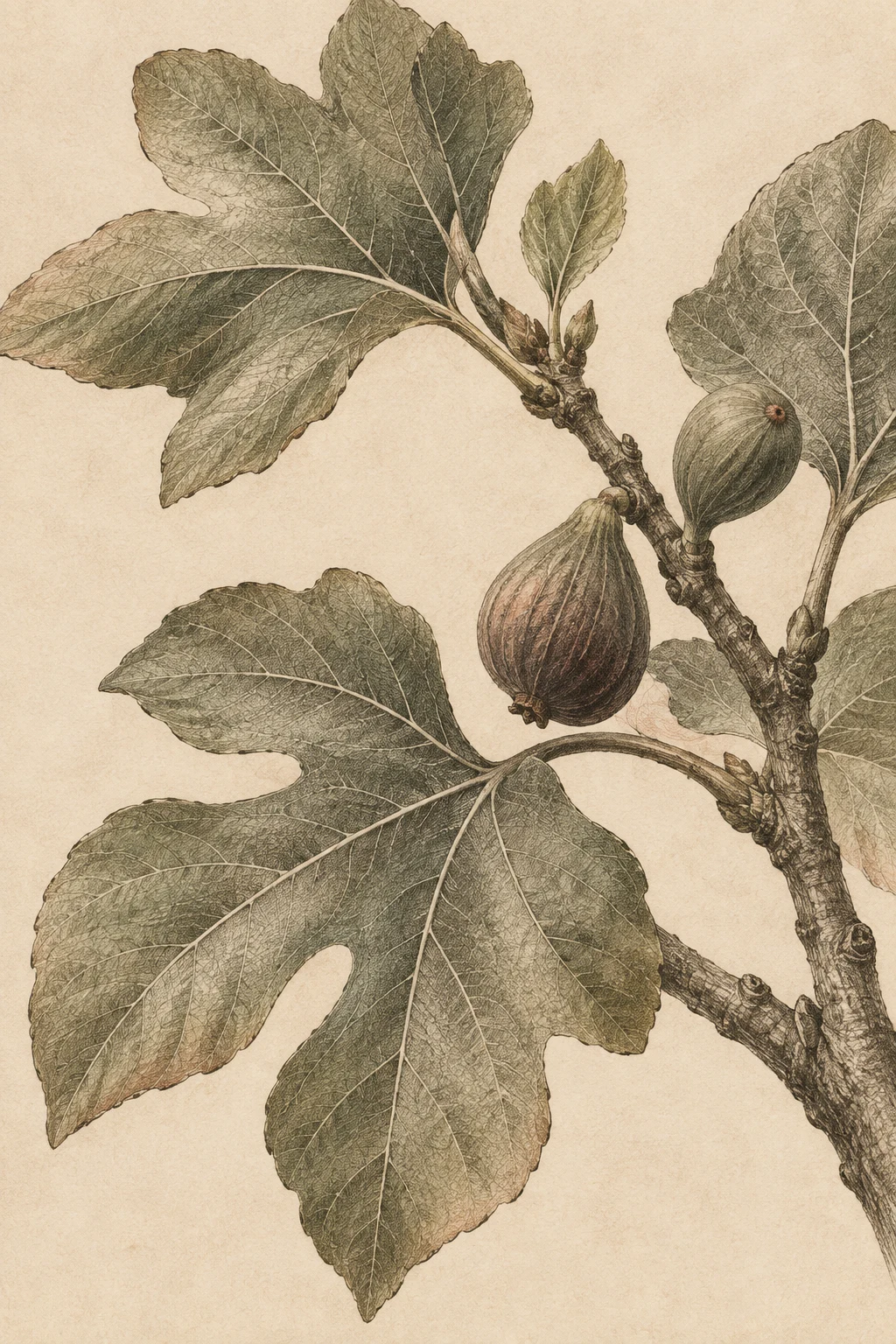 A fig leaf in cream, taupe, sage, olive; portrait artwork.