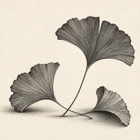 A ginkgo leaf fan in white, gray, charcoal, sand; square artwork.