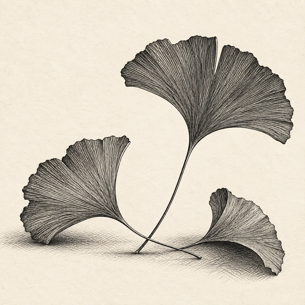 A ginkgo leaf fan in white, gray, charcoal, sand; square artwork.