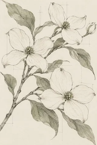 A branch of dogwood in flower in cream, stone, sage; portrait artwork.