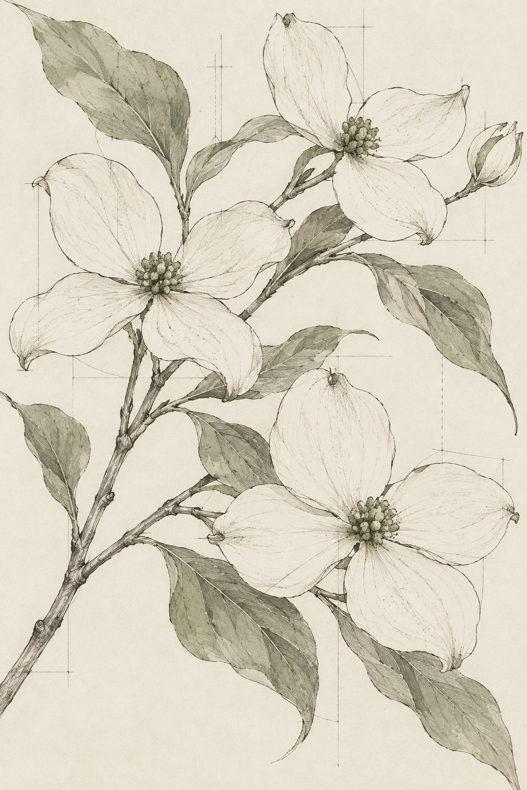 A branch of dogwood in flower in cream, stone, sage; portrait artwork.