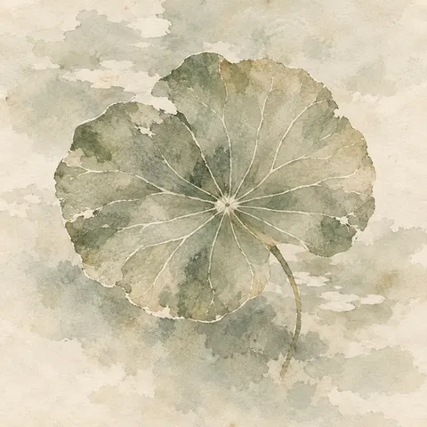 A lotus leaf from above in cream, stone, sand, sage; square artwork.