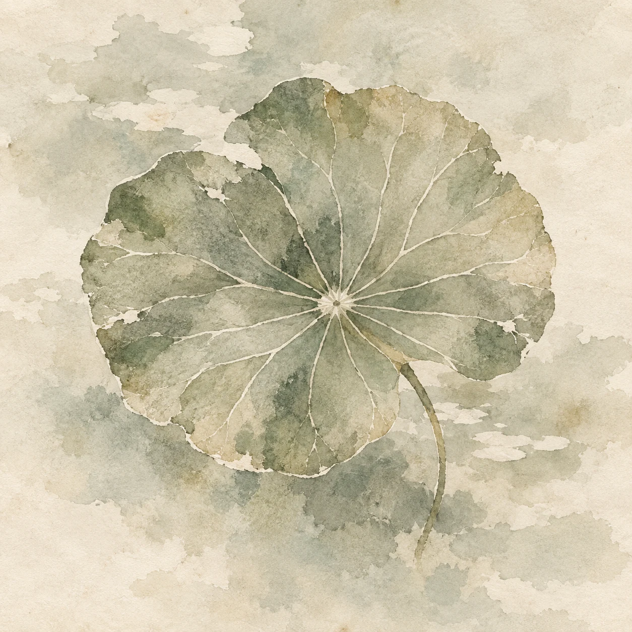 A lotus leaf from above in cream, stone, sand, sage; square artwork.