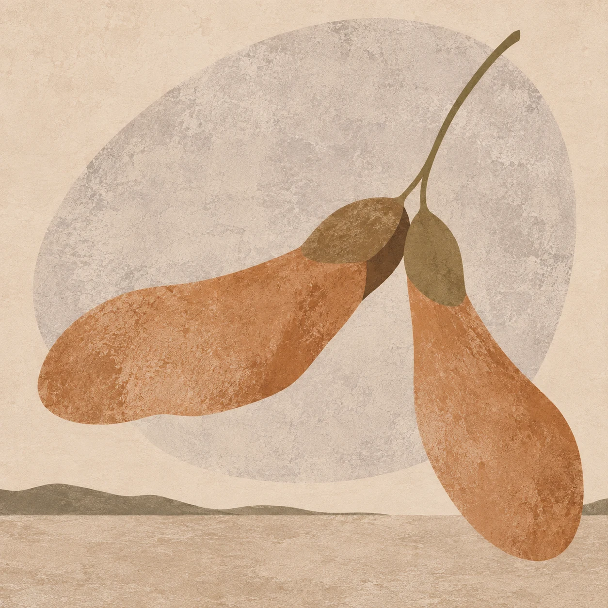 A maple seed pair in stone, cream, blush, ochre; square artwork.