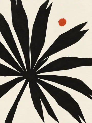 One saw palmetto frond fully open in white, black, charcoal, stone; portrait artwork.
