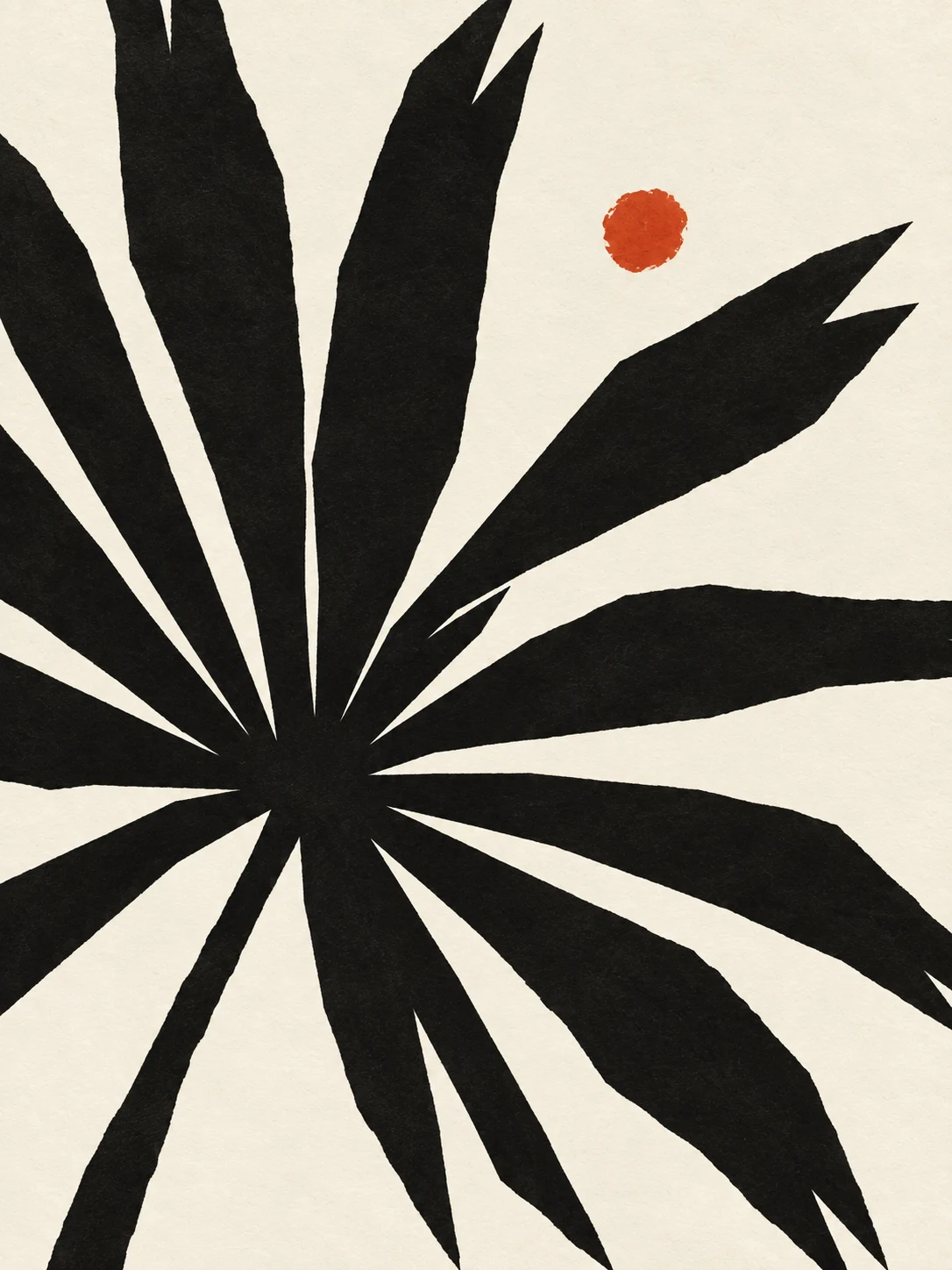One saw palmetto frond fully open in white, black, charcoal, stone; portrait artwork.