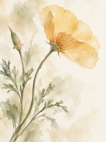 A poppy with a curved stem in white, cream, stone, sand; portrait artwork.