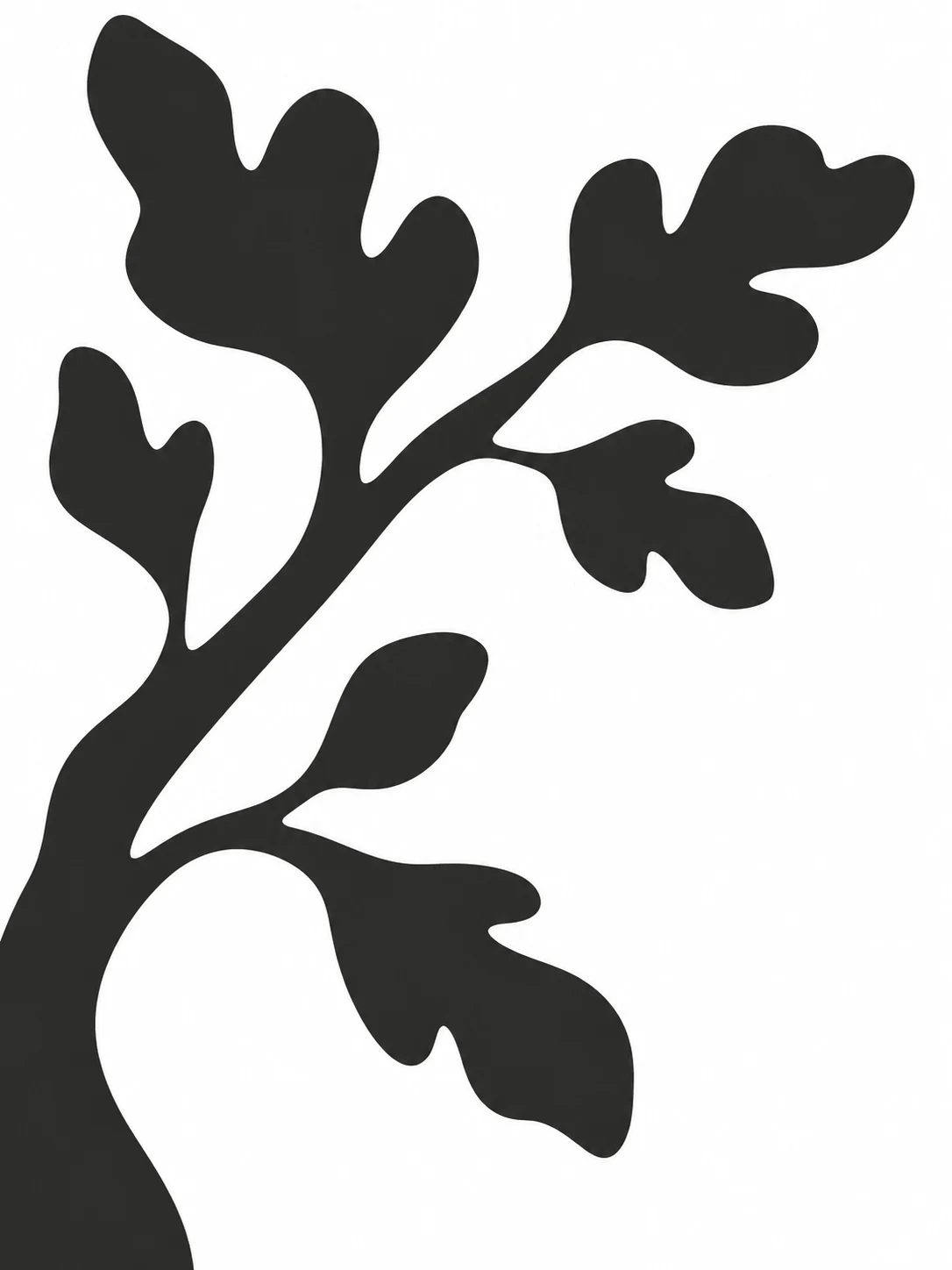 A single live oak branch with small leaves in white, charcoal, black, cream; portrait artwork.