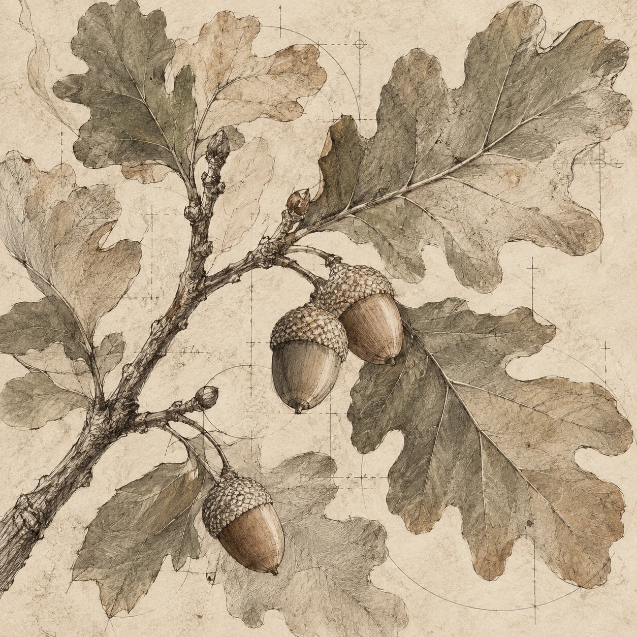 A branch of oak leaves with acorns in cream, stone, taupe, sage; square artwork.