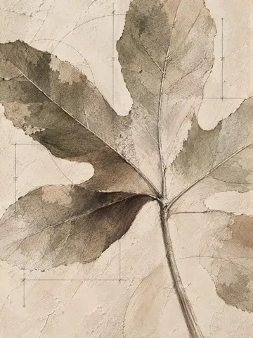 A fig leaf in cream, stone, sage, sand; portrait artwork.