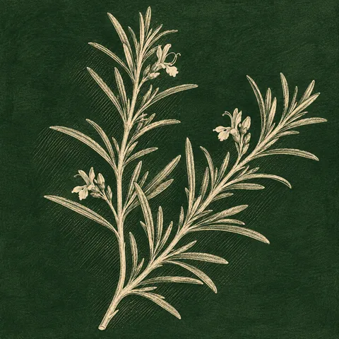 A sprig of rosemary in forest green, sage, charcoal, black; square artwork.