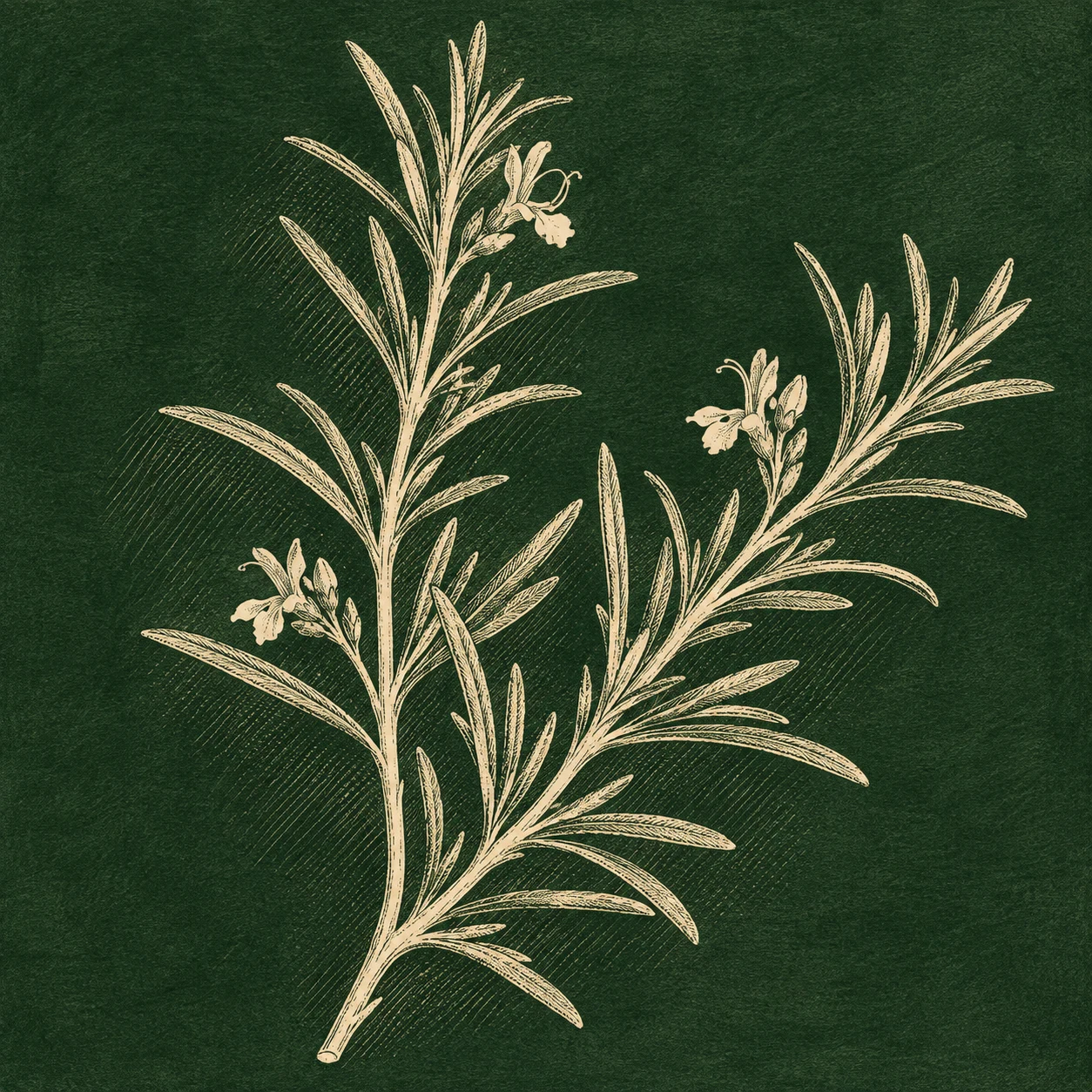 A sprig of rosemary in forest green, sage, charcoal, black; square artwork.