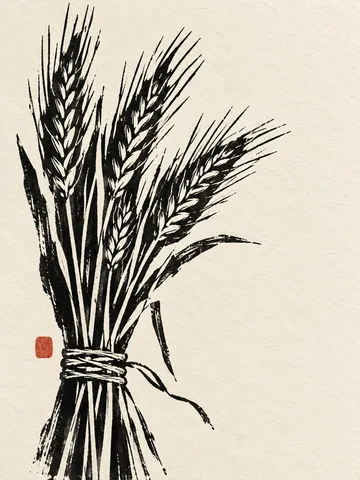 A bundle of dried wheat in cream, white, sand, black; portrait artwork.