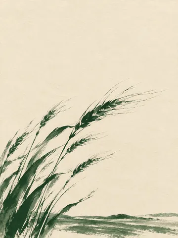 A bunch of wheat stalks in cream, olive, stone; portrait artwork.